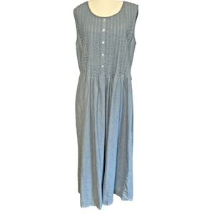 VTG 90s British Khaki Dress Blue Denim Pintucking Modest Cottage Long Maxi 14